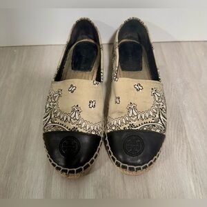 Tory Burch Women's Beige Black Bandana Print Leather Espadrille Flats sz 7.5